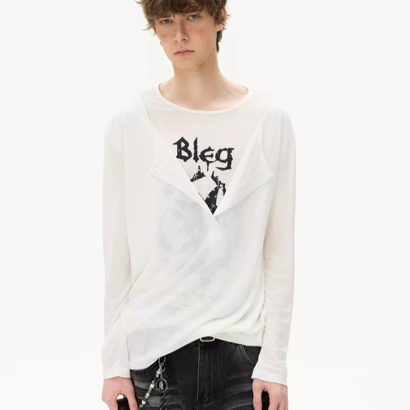 American Style Fake Two Pieces Personality Printing Breathable Double-Deck Long Sleeve T-shirt For Man Lazy Tops