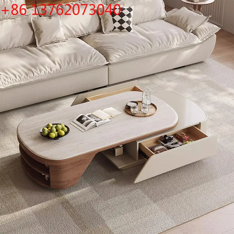 

Многофункциональный прямоугольный журнальный столик из травертина для небольшой квартиры, телескопический орех на колесах