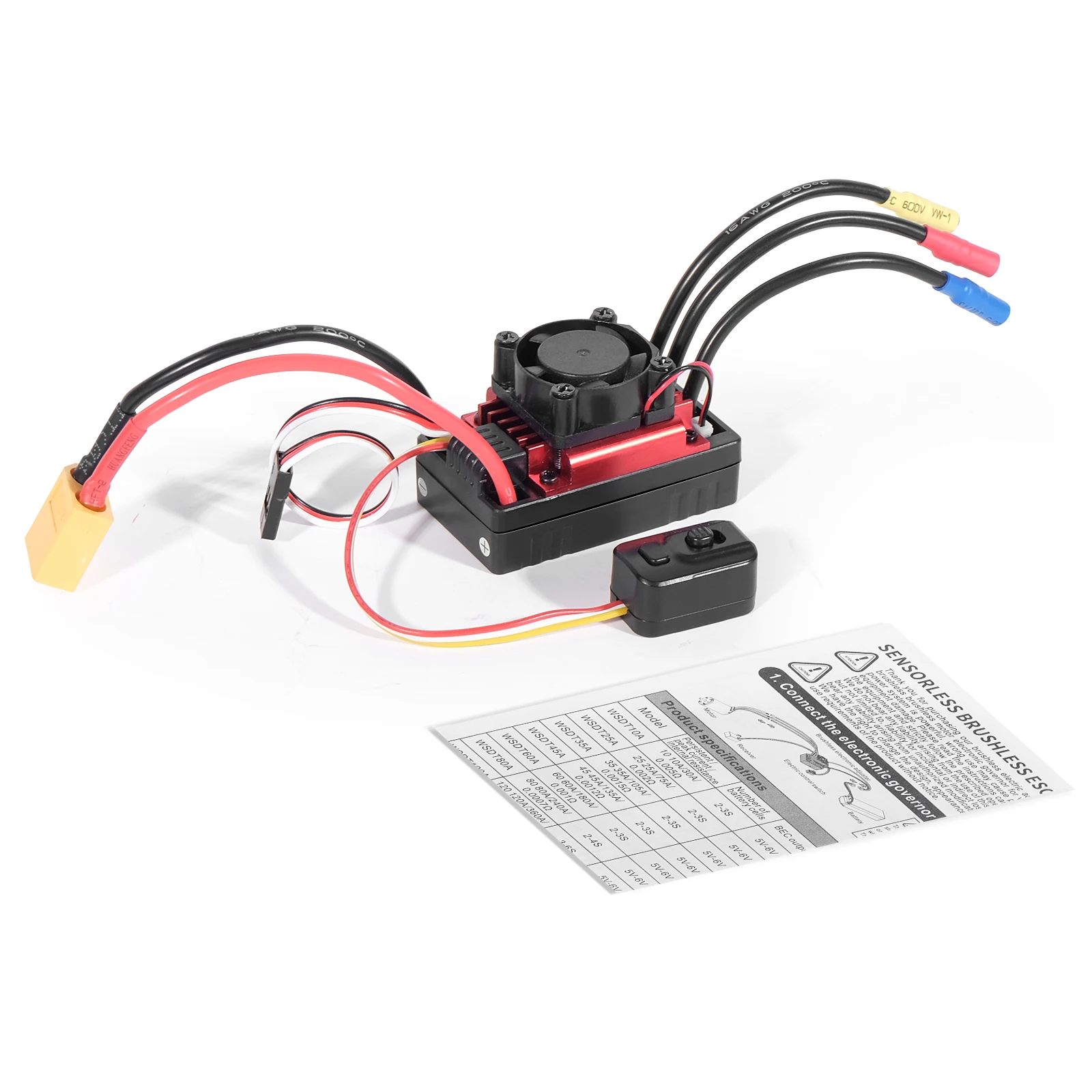 

Бесщеточный регулятор скорости HG60A-B-XT60 60A без датчиков, с разъемом T-Plug 4.0 мм (банановый штекер) для радиоуправляемых моделей, программируемый, красный