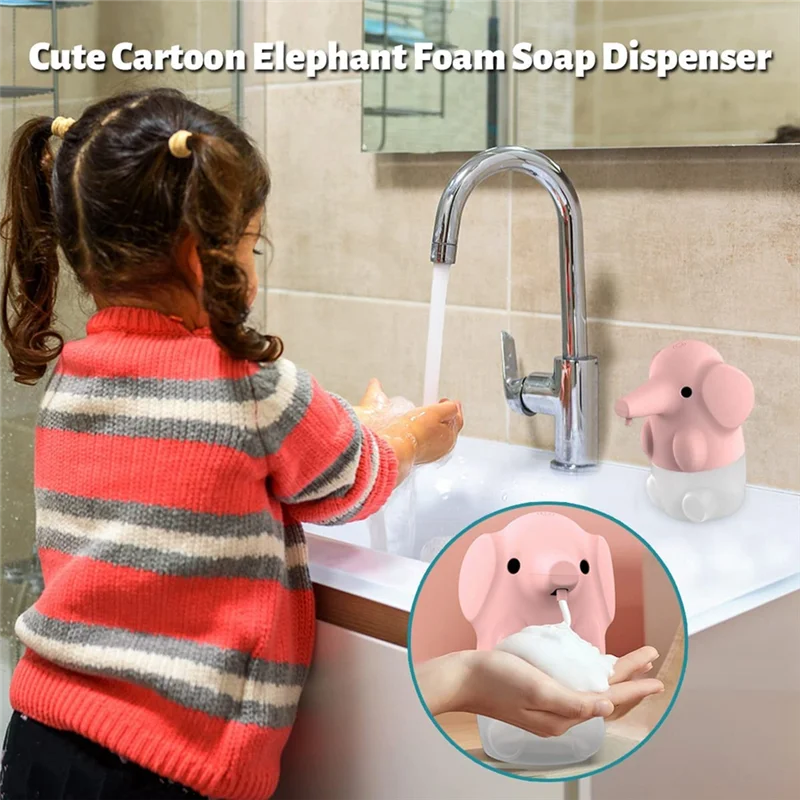 Dispenser sabun otomatis, Dispenser sabun berbusa anak-anak tanpa sentuhan dapat diisi ulang, Dispenser tanpa sentuh hewan lucu (merah muda)