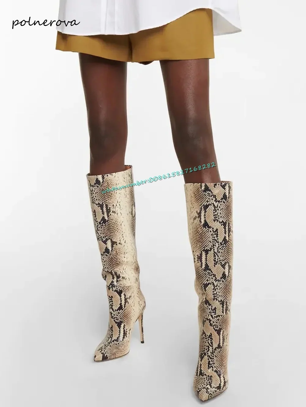 Sexy Snake Skin Knee High Boots Stiletto Pointy Toe Modern Boots Runway Party Shoes for Women 2023 Autumn Winter Newest Fashion