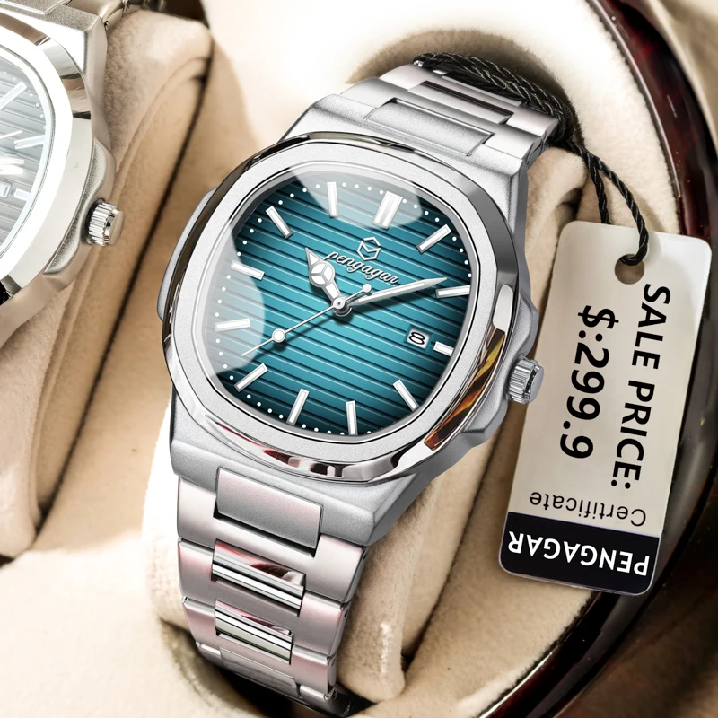 PENGAGAR مربع فاخر الرجال ساعة اليد مقاوم للماء تاريخ مضيئة الفولاذ المقاوم للصدأ ساعة الذكور الأعمال الرياضية ساعات كوارتز للرجال