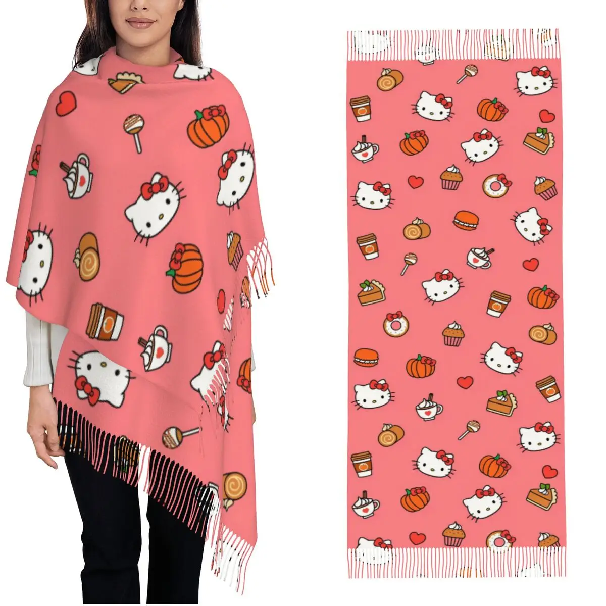 Bufanda de mujer con borla lindo dibujos animados Hello Kitty largo invierno cálido chal abrigo uso diario bufanda de cachemira