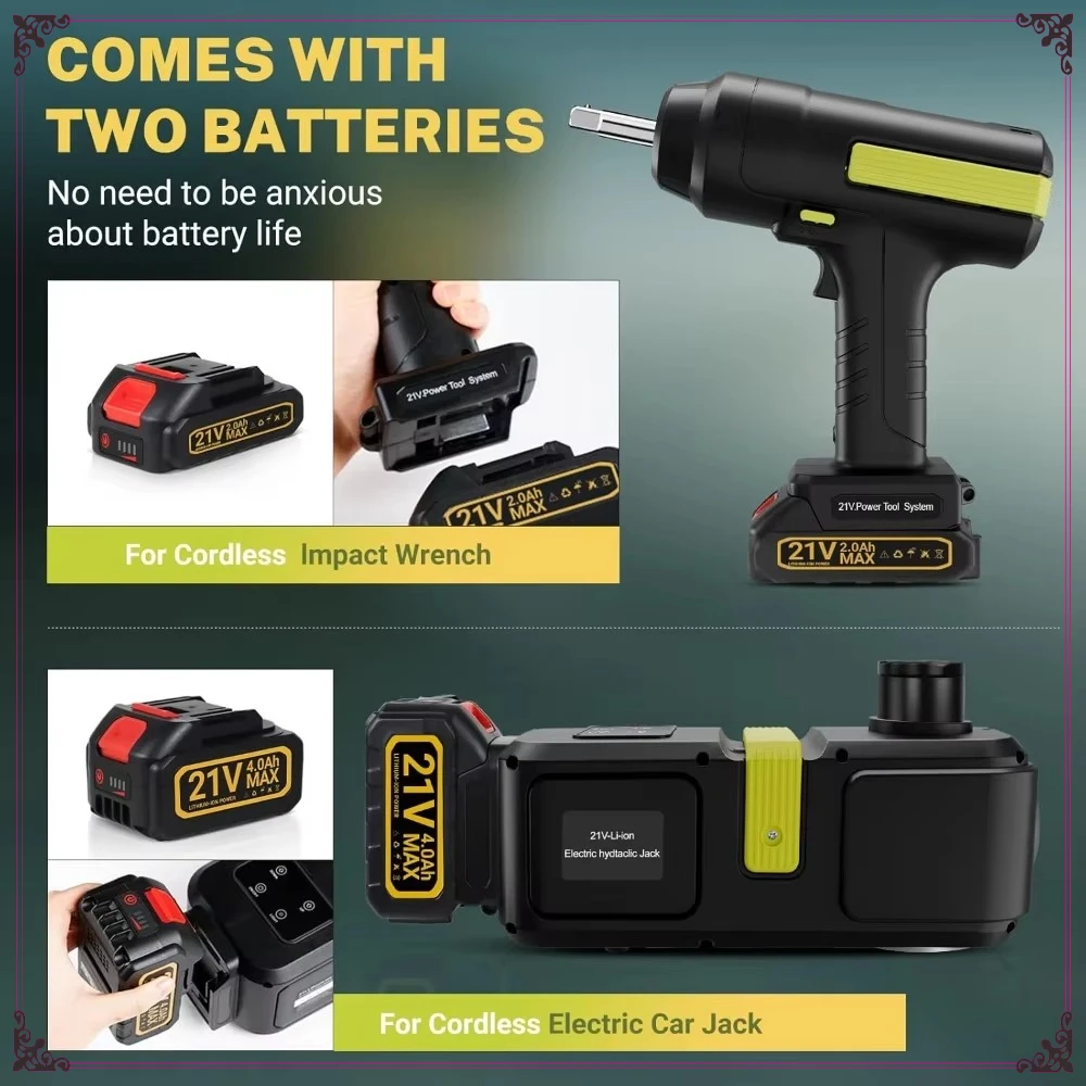 All-in-One 5-Ton Electric Hydraulic Jack Kit. Cordless Portable Design with Lithium Battery for Quick Tire Change.