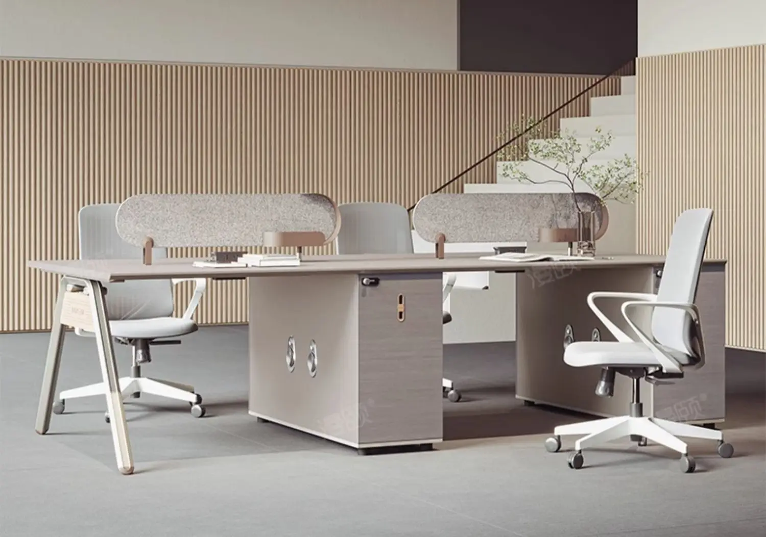 Combination of office desks and chairs for employees, screen for employees, four, six, computer for modern and minimalist design