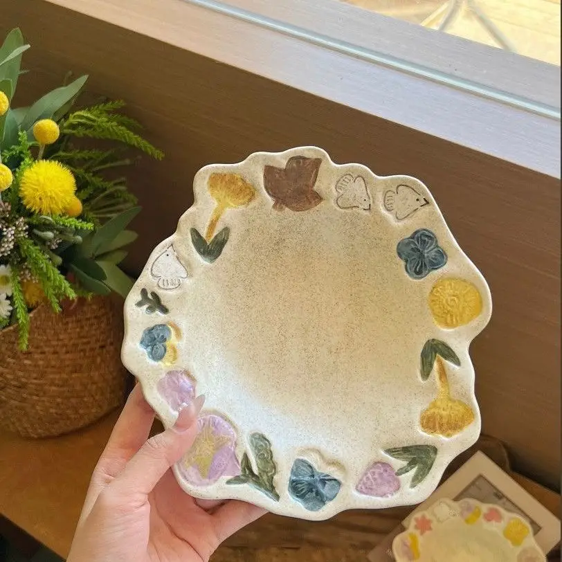 Hand Painted Ceramic Tableware Underglaze Colorful Glossy High Value Flower Embossed Household Plate Bowl Salad Bowl Fruit Bowl