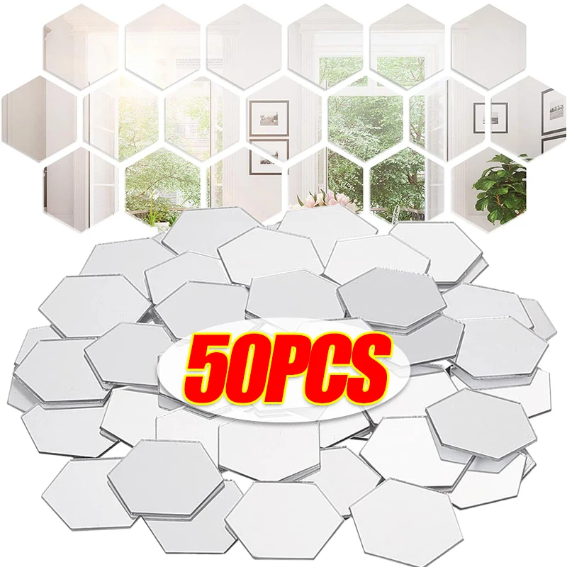 50/1pcs Hexagonal Acrylic Mirror Wall Sticker Mini Mirror Solid Paster Self-adhesive Gold Silver Decals Home Bedroom Art Decor