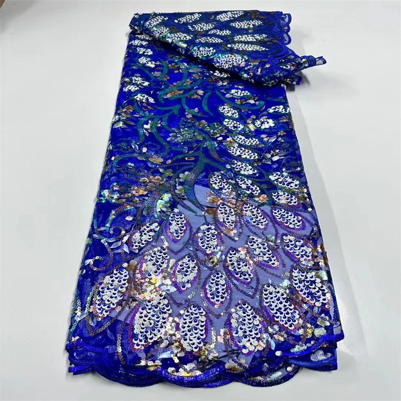 African Lace Fabric with Sequins, Nigerian and Blue, High Quality, Embroidery, French, Wedding Dress, 5 Yards, 2022