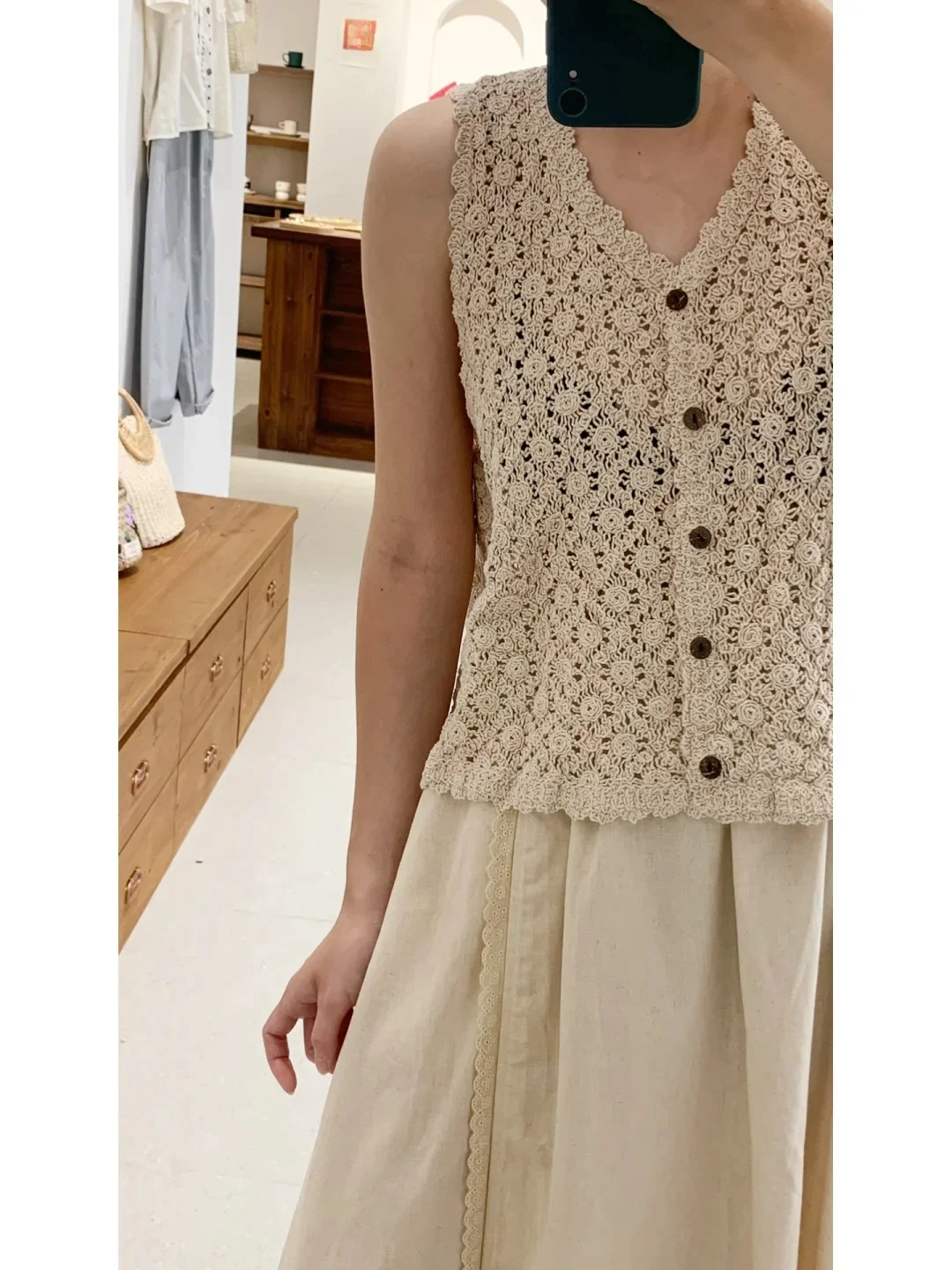

Summer Vaion ort Cotton Linen Knitted Vest Women's Hook Flower Design Korean Sle Layering Outerwear Top Straight Cut