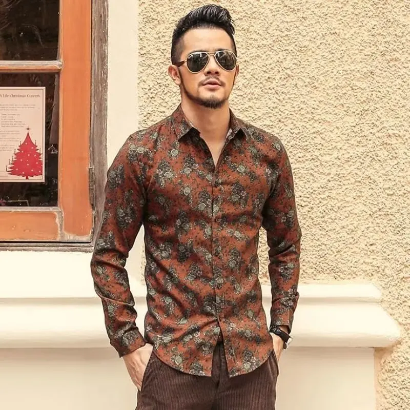 

Молодежная повседневная рубашка с цветочным принтом и длинными рукавами, мужская модная рубашка на весну и лето, облегающая рубашка, модная повседневная одежда с цветочным узором