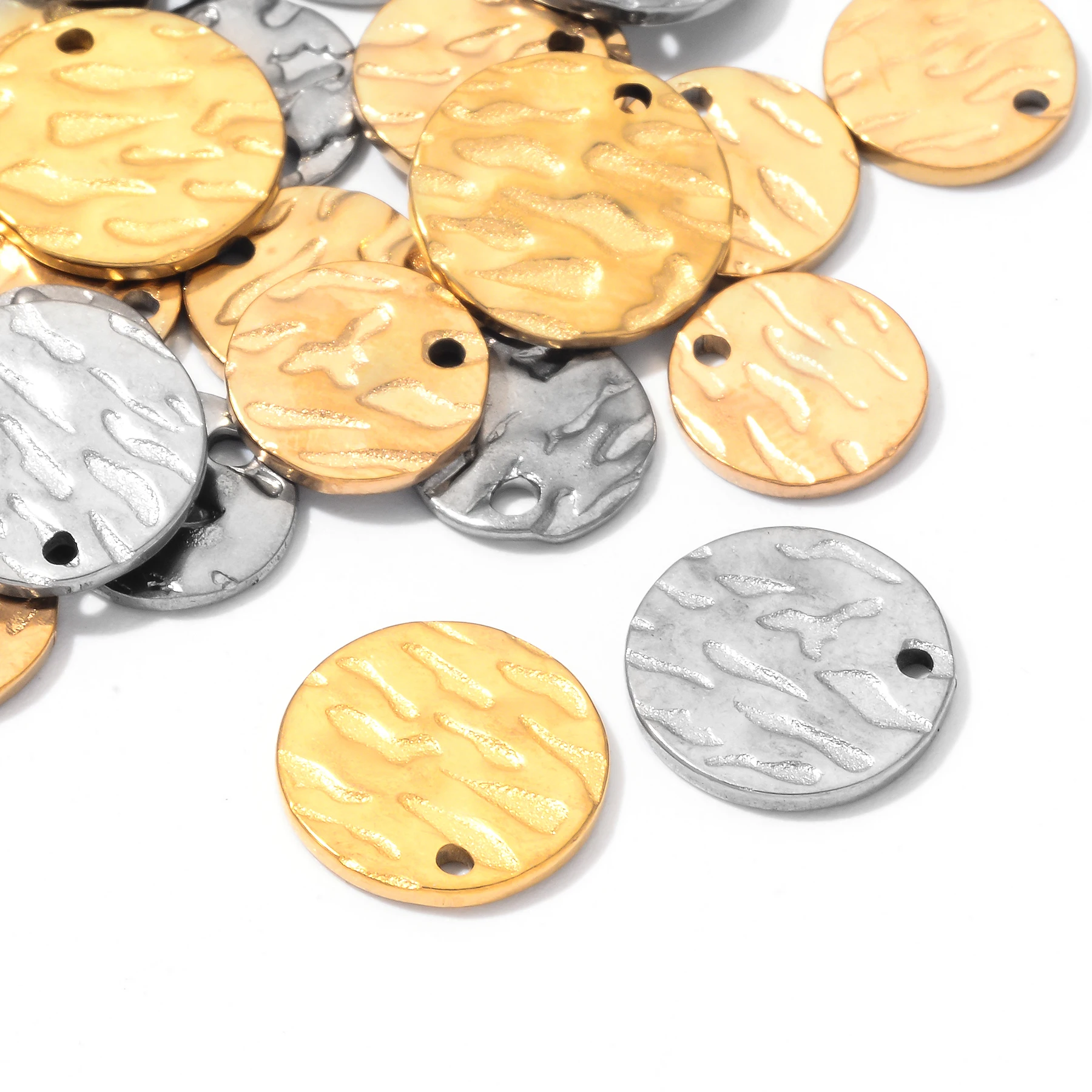 20 Stück/Set 8mm/10mm Goldfarbene Runde Strukturierte Anhänger aus Edelstahl, Runde Leere Münzperlen für DIY-Halsketten- und Armbandherstellung – Detail 4