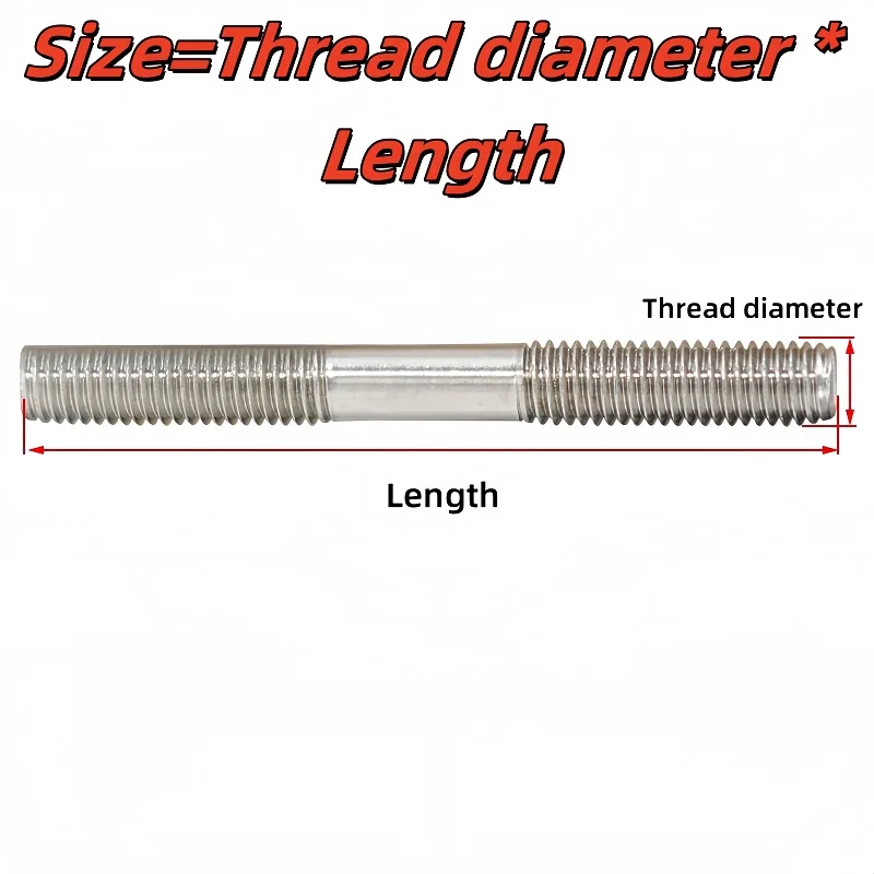 Double End Thread Rod Stud Bolt M3 M4 M5 M6 M8 M10 M12 304 Stainless Steel Lengthen Equal Length Dual Head Threaded Bolt