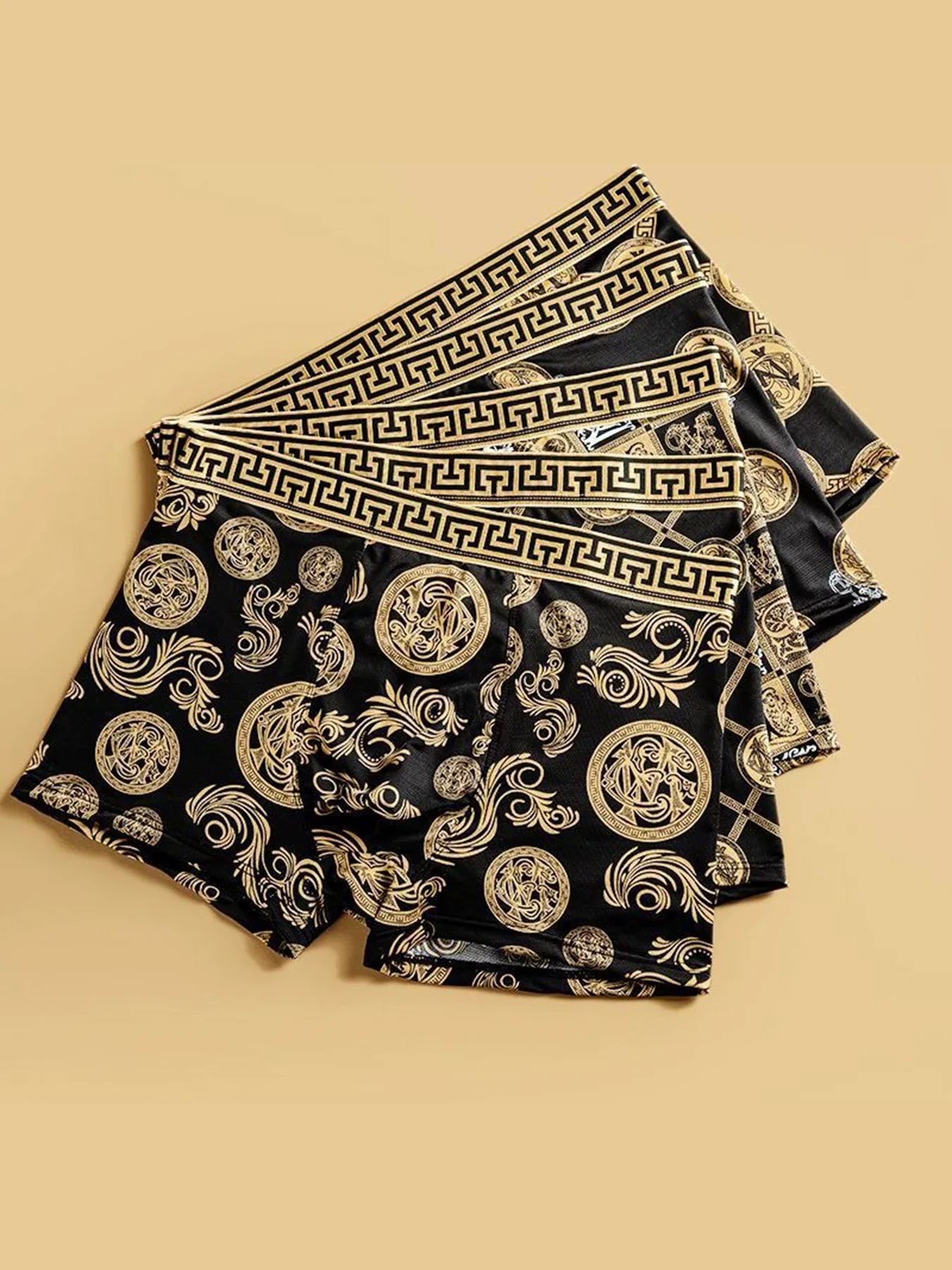 10 Piece Set Of Men's Black Gold Printed Boxer Shorts, Summer Breathable And Comfortable Underwear, Men's Casual Underwear