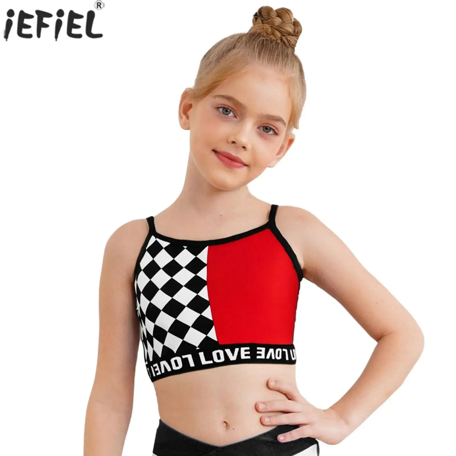 

Kids Girls Hip Hop Jazz Street Dance Crop Tops Checkered Letter Print Spaghetti Strap Athletic Tanks Tops Cheerleading Dancewear