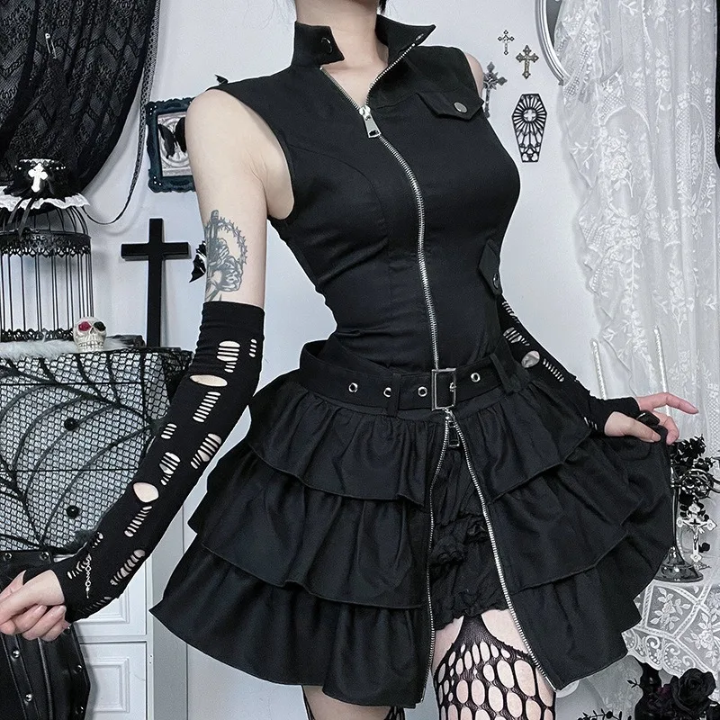 Kimutomo Y2kแขนกุดPunkผู้หญิงVINTAGE Harajukuคอซิปมินิเดรสฤดูร้อนRuffled Grunge Gothic PARTY