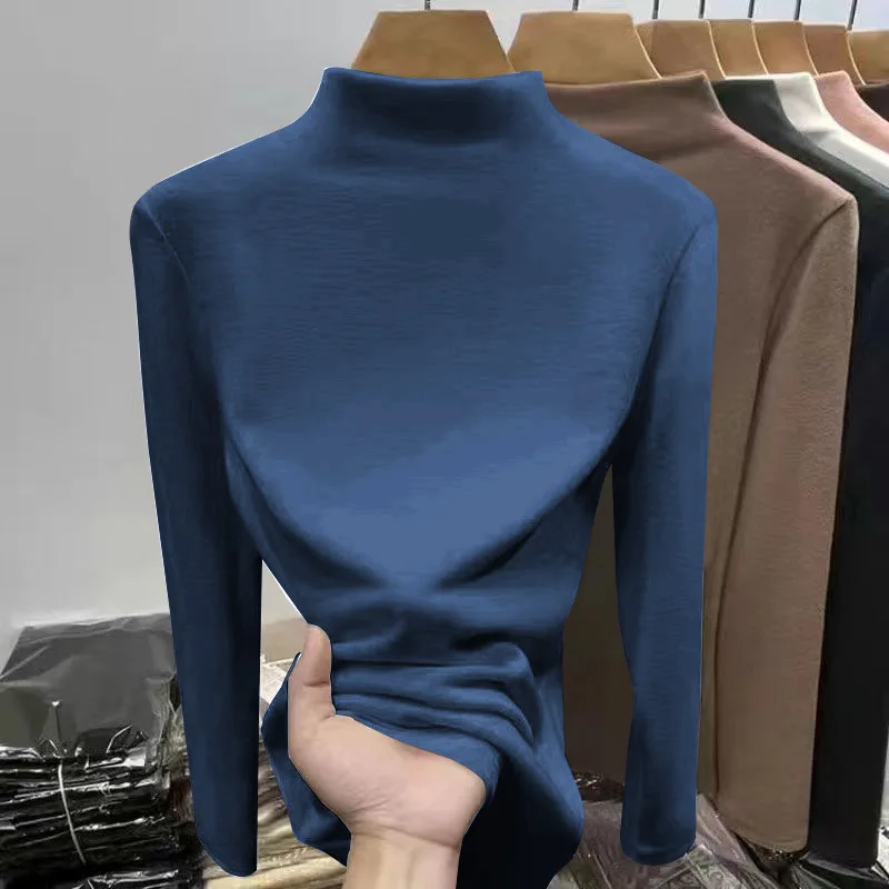 Thickened Double-sided German Velvet Brushed Semi High Neck Slim Fit Warm Bottom Shirt for Women Solid Color Top Long Sleeved