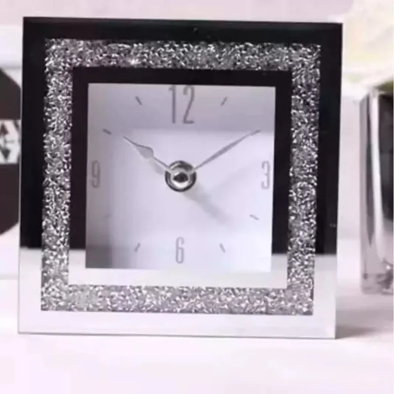 Everbright Store Nordic Modern Minimalist Living Room Fashion Clock Diamond-Encrusted Glass Standing Small Square Clock
