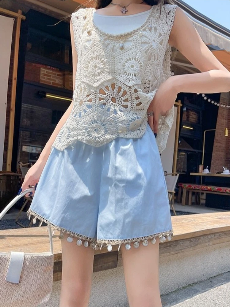 

2026 Summer Women's Casual Elastic Waist Flared Shorts with Seashell Fringe Trim Loose Fit High Waisted Wide Leg Shorts
