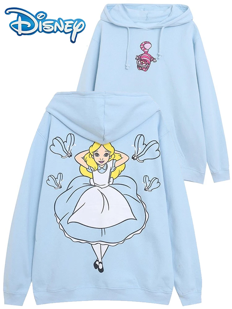 Флисовый свитшот с мультяшным принтом Disney Alice Чеширского кота и вышивкой, женский пуловер унисекс с капюшоном и длинными рукавами с круглым вырезом, джемперы, топы Флисовый свитшот с мультяшным принтом Disney Alice Чеширского кота и вышивкой, женский пуловер унисекс с капюшоном и длинными рукавами с круглым вырезом, джемперы, топы