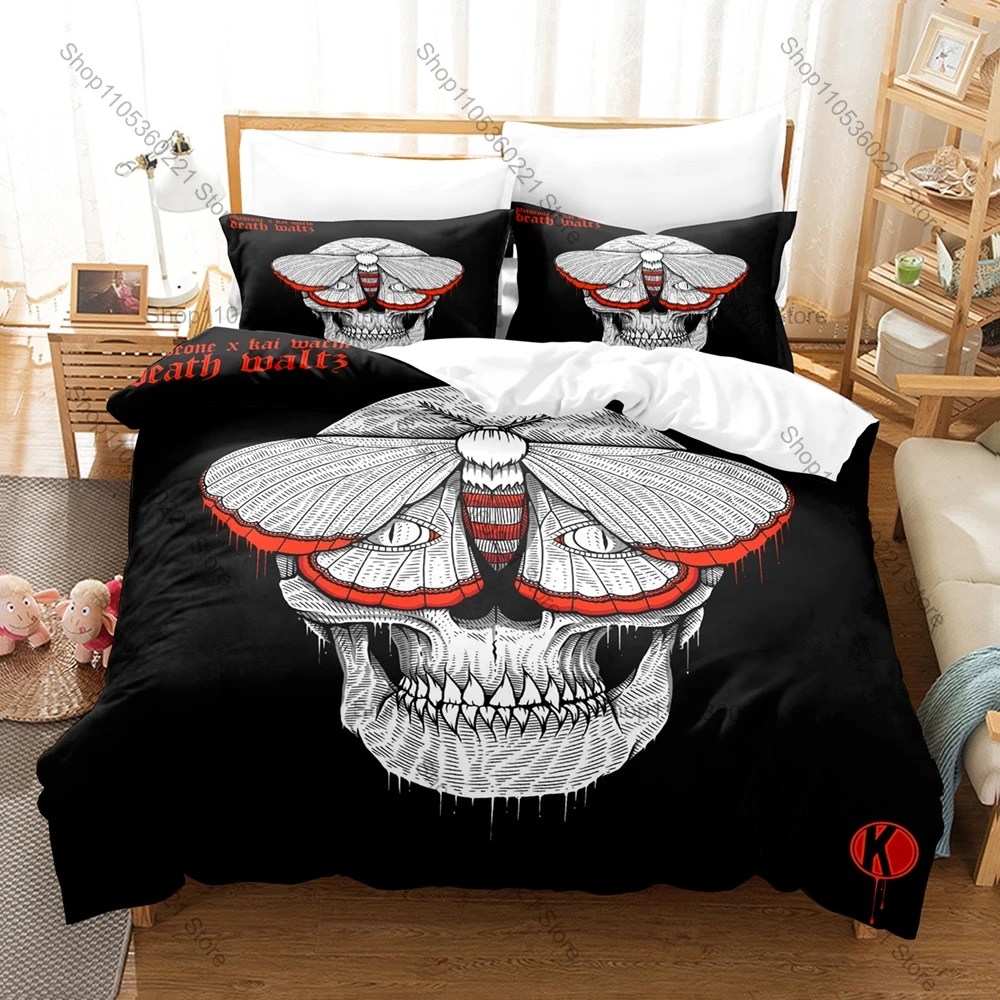 Cool Horror Skull Gothic Graphic Kai Wachi EDM Bass DJ Concert Merch Bedding Set Duvet Cover With 2 Pillowcases Teen Headbanger