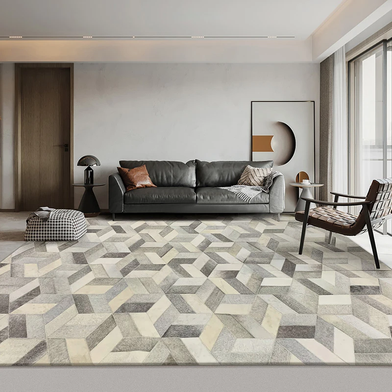 Modern Grey Natural Cowhide Carpet 3D Geometric Handmade Living Room Carpet Hotel Office Large Carpet Home Nordic Sofa Coffee
