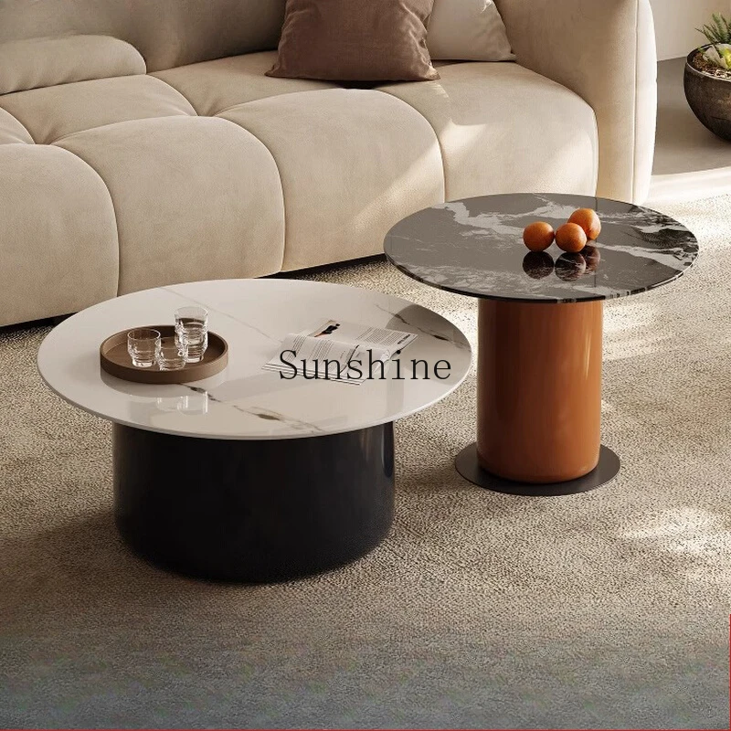 

Small apartment Italian minimalist solid wood round marble light luxury small coffee table combination