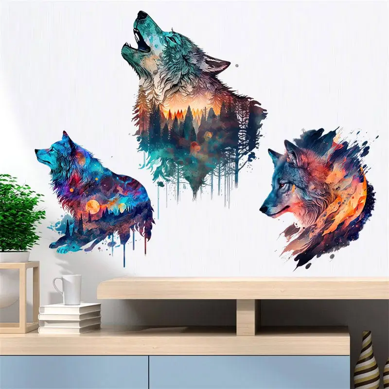 M430 Colorful Wolf Watercolor Animal Wall Sticker Bathroom Toilet Living Room Cabinet Refrigerator Home Decoration Decals