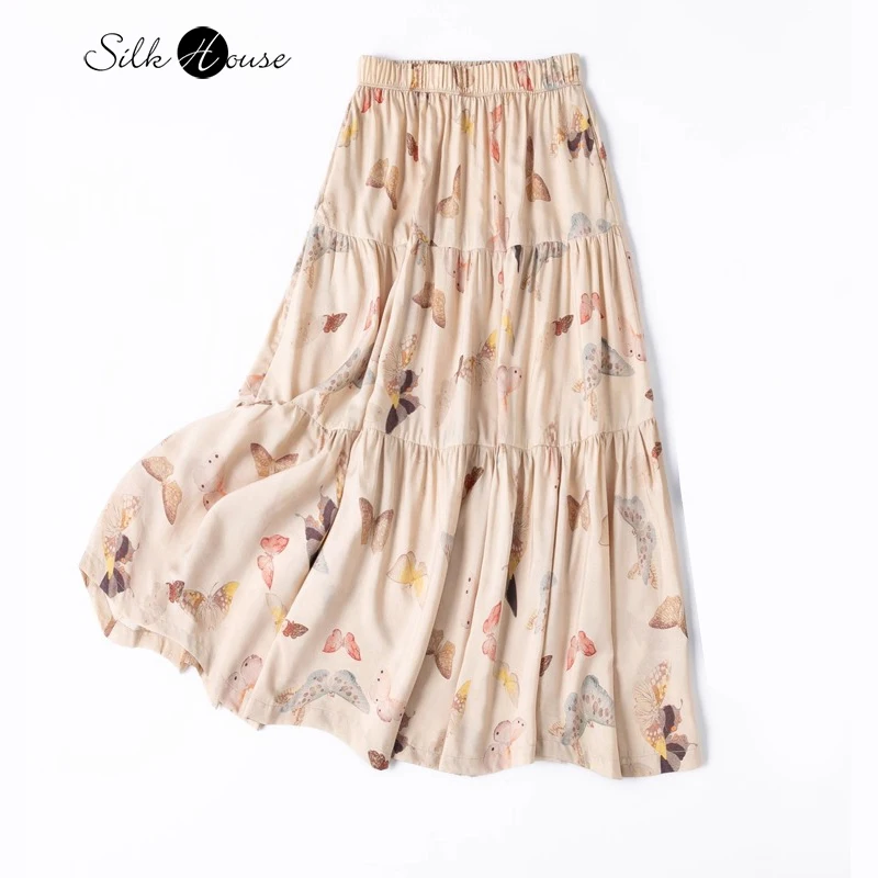 

2.7-meter Large Hem 70% Natural Mulberry Silk 30% Cotton A-line Women's Casual Elastic Waist Printed Beach Skirt