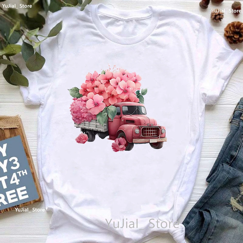 Watercolor Flowers Car Print T Shirt Girls Travel Truck Tshirt Women Summer Fashion Tops Tee Shirt Femme Casual White T-Shirt