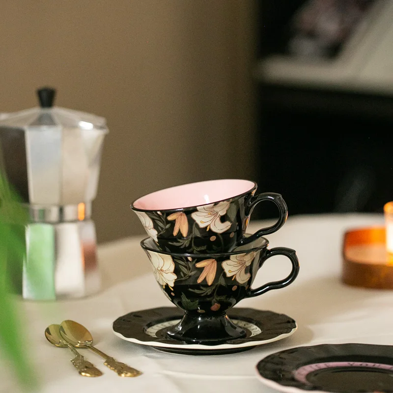 

Middle Ancient Style Black French Lily Flower Ceramic Coffee Cup Plate Afternoon Tea Black Tea Cup Gift