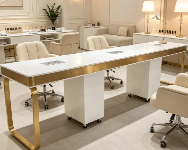 Beauty Modern Design Large Nail Table High Performance Marble Surface Salon Furniture With Stainless Steel Metal Type
