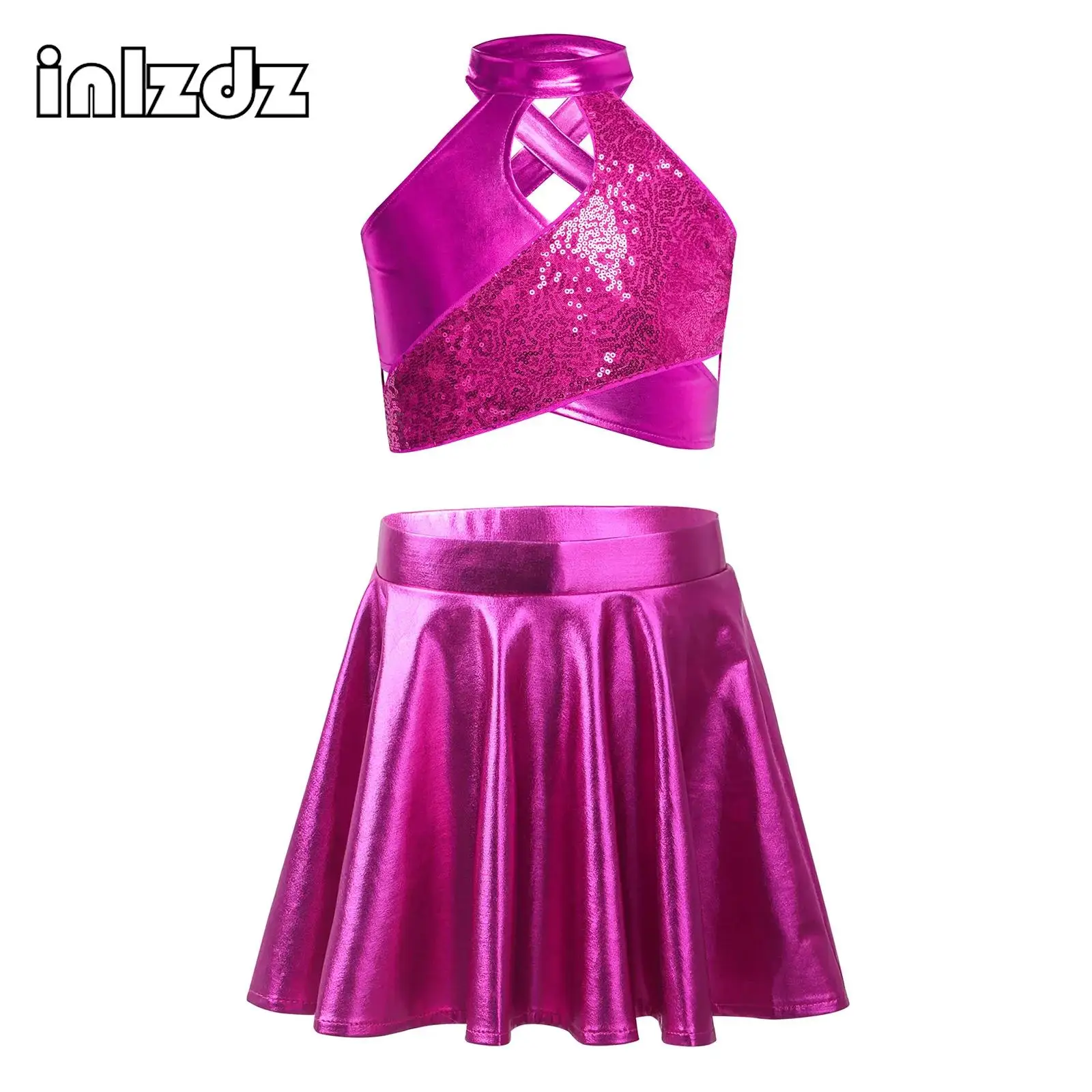 

Kids Girls Jazz Dance Set Cross Keyhole Sparkly Sequins Metallic Crop Top with Shiny A-Line Skirt Stage Performance Costume