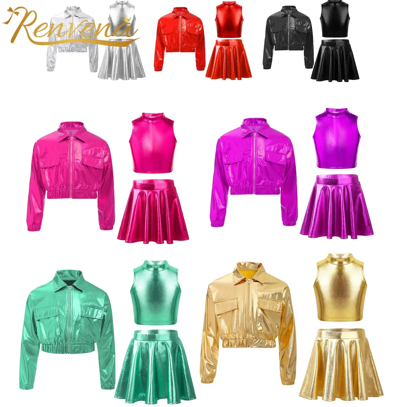 Kids Girls Metallic Jazz Dance Costume Outfit Children Hip Hop Streetwear Fashion Shiny Dancewear Sets Cheerleading Uniforms