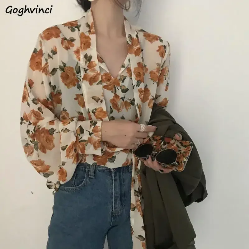 Vintage Rose-prints Blouses for Women Autumn Lace-up Graceful Temperament Ladies Fashion Design Streetwear Casual Baggy Camisas