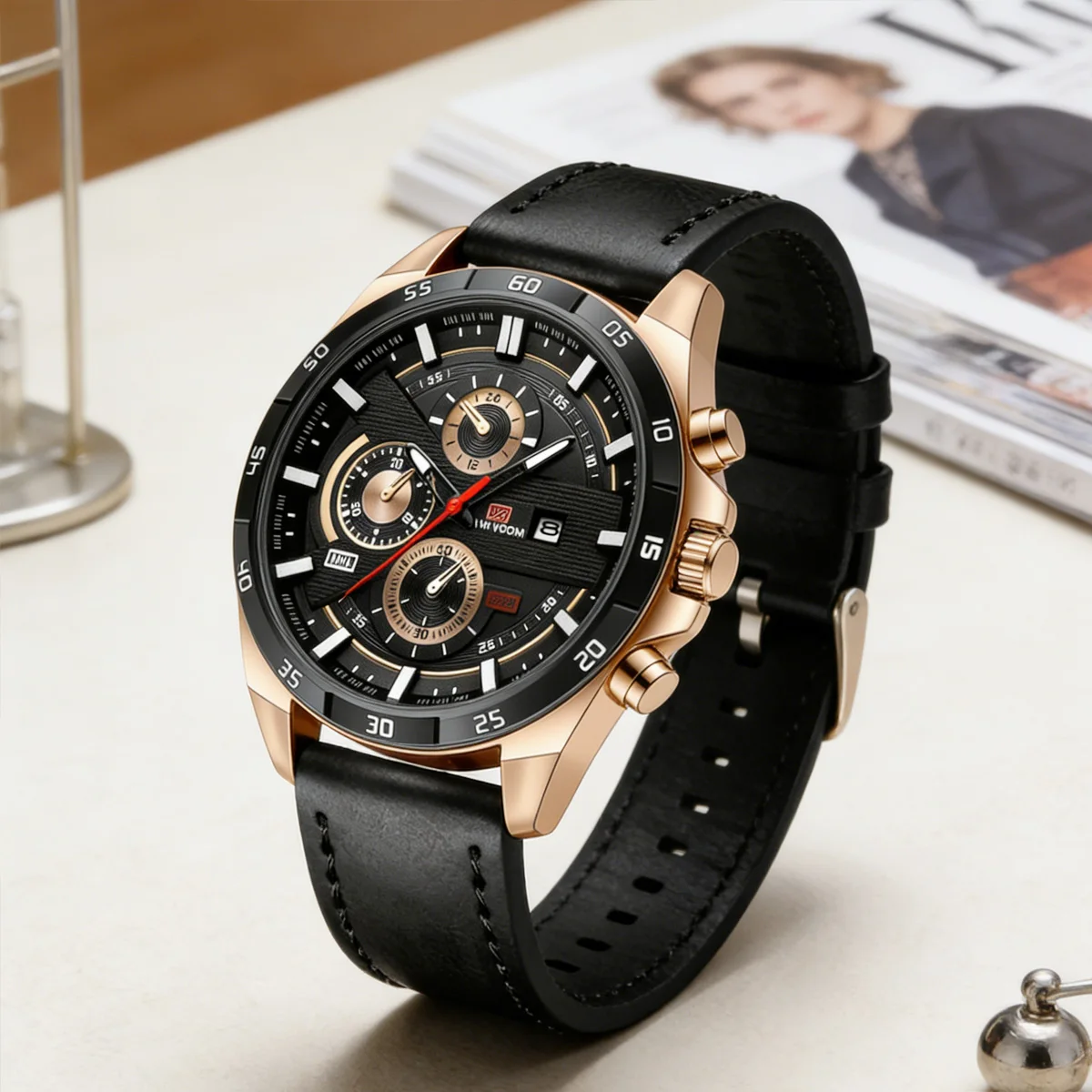 

Sports Men Watch Black Leather Strap 46mm Dial Rose Gold Clock Quartz Movement Business Commuting VA VA VOOM Brand Watch for Men