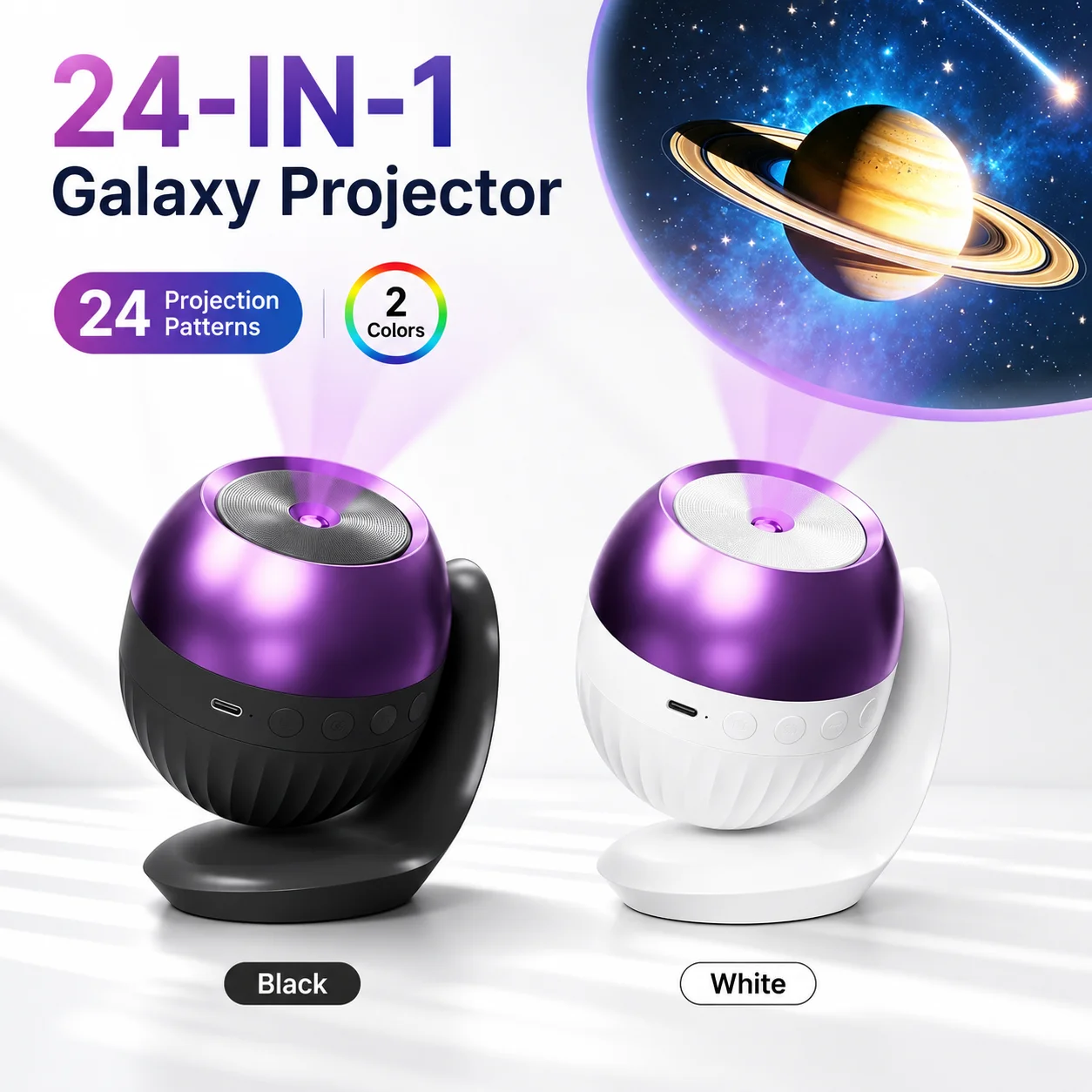 24 in 1 Galaxy Star Projector Night Light with 3 Film Discs 7 Sleep Sounds 180 Rotating Timer for Kids Bedroom Holiday Decor