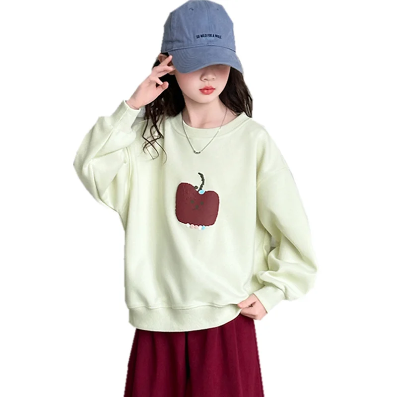 New Fashion Kids Girl Cotton Sweatshirt With Cartoon Apple Print Kids Spring Long Sleeve Thick T-shirt Child Patchwork Tee Tops