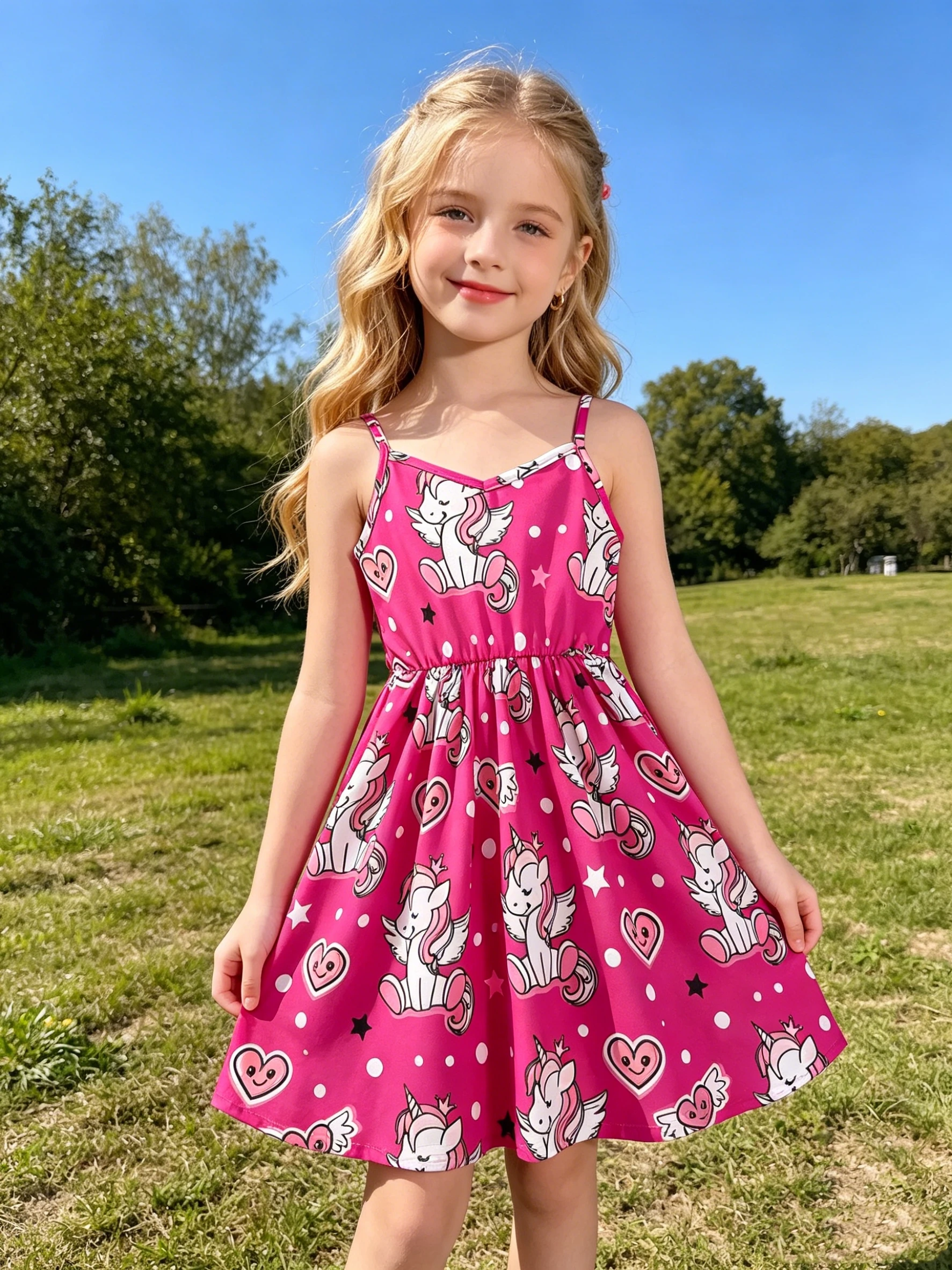 Summer Girls' Casual Outdoor Fashion Printed Cartoon Pattern Dress with Thin Shoulder Strap Sling Sleeveless Knee-Length