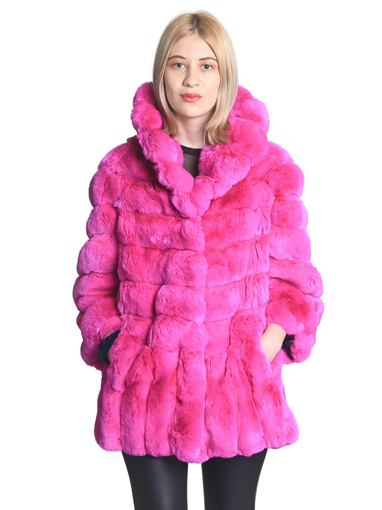 Lapel Real Fur Strip Sewed Rex Rabbit Fur Coat Women Winter Fashion New Thicken Outertwear Genuine Casual Fur Jacket Female