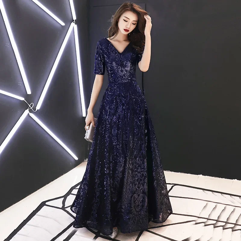 Robe de soirée bleu marine à paillettes Bling pour femme, col en V, manches courtes, ligne A, longueur au sol, grande taille, robe de soirée formelle, 123