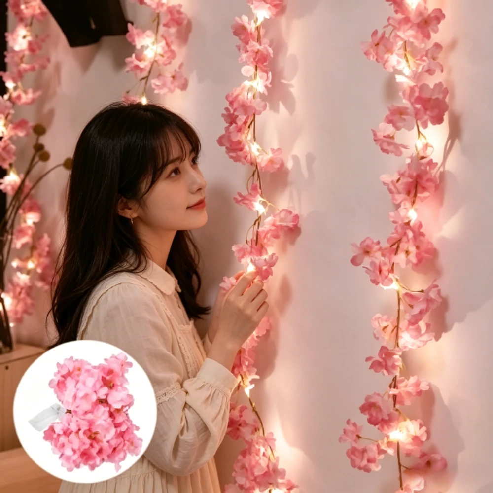 2M 20LED Cherry Blossom String Lights Artificial Flower Vine Garland Fairy Lights for Wedding Party Bedroom Holiday Decor