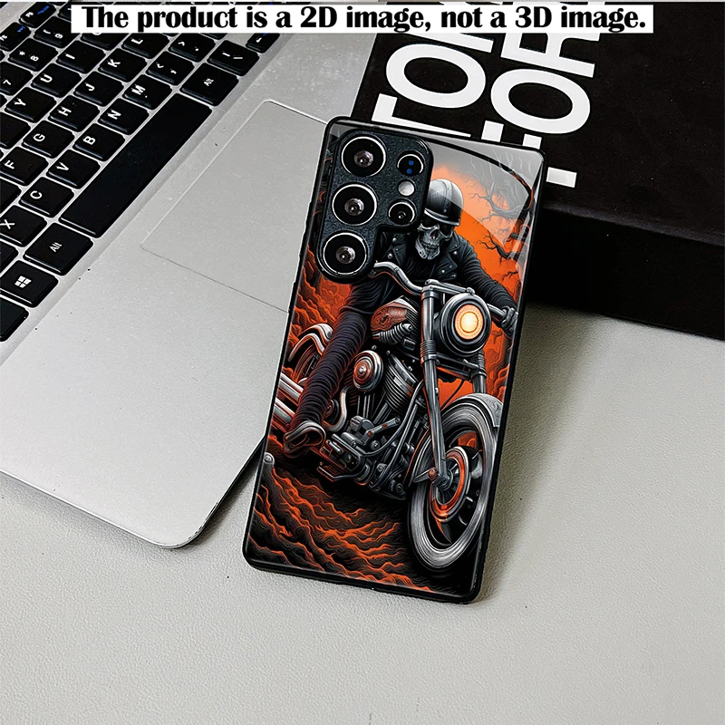 2D Printed Black Glass Phone Case, Lava Skull Riding Motorcycle, Shockproof Cover for Samsung S & A Series