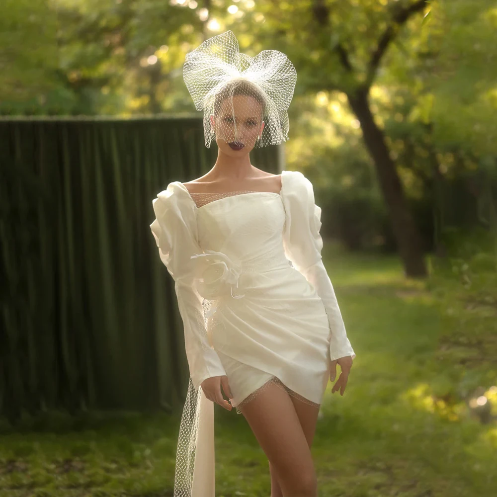 

Satin Wedding Dresses Flowers Long Sleeve Mermaid Engagement Dress Pleat Minimalist Civil Wedding Gowns With Train Customized