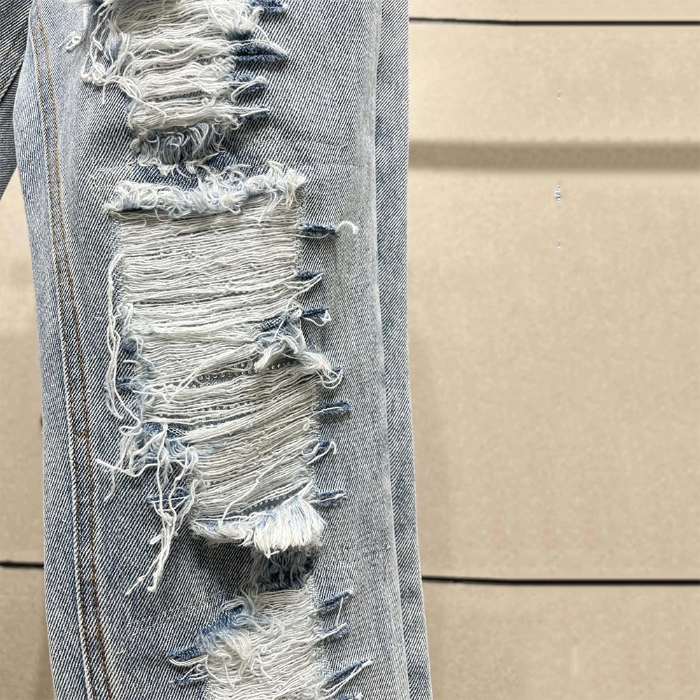 Jean délavé Vintage en coton pour femme, pantalon déchiré à jambe droite avec accents de strass découpés, nouvelle collection automne/hiver 2025 Y2K