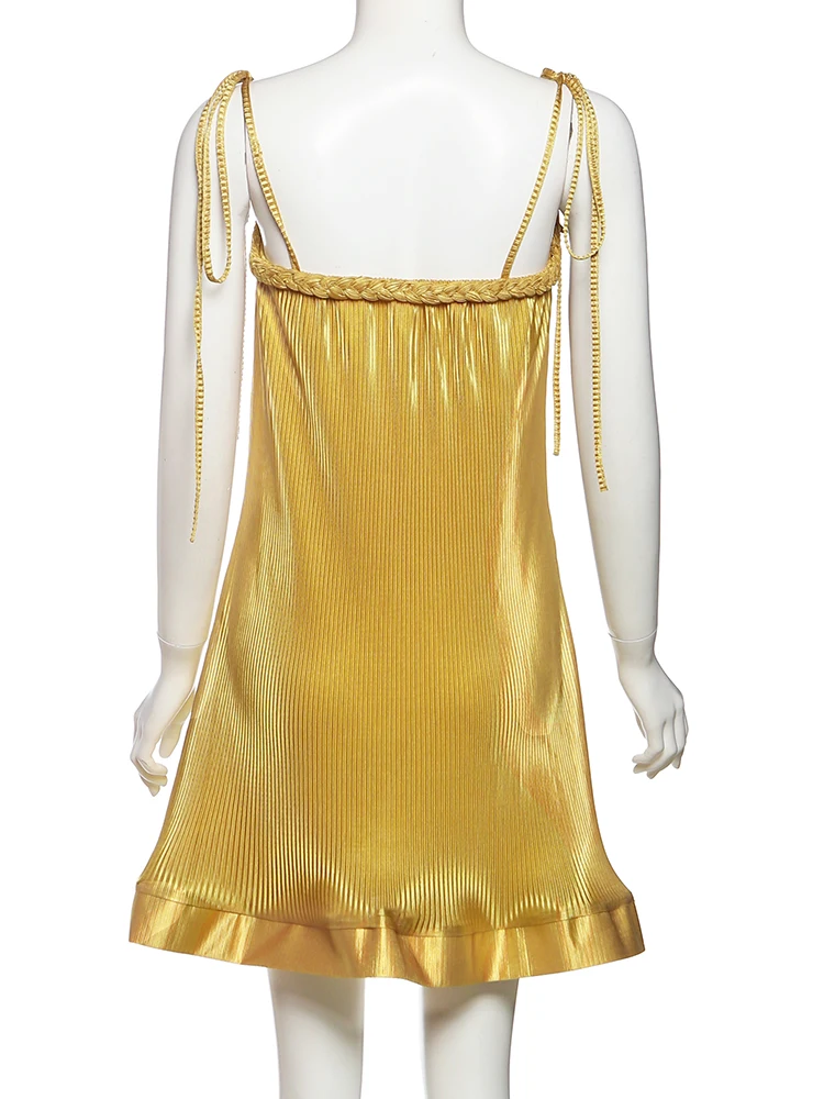 Cutenew Loose Stunning Women Mini Dress Summer Silky Ruffle Woven Strap Splice Sleeveless Vestidos Female Concise Party Frock