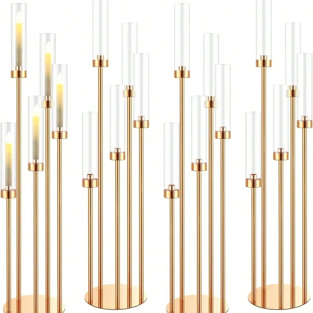 5pcs 10pcs 8heads Gold Acrylic Candle Holder Pillar Candles Metal Stand for Wedding Stage Decoration Walkway