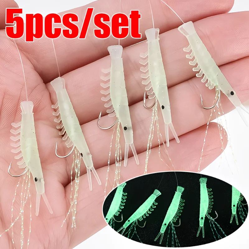 5pcs Simulated Fish Skin String Hook Mackerel Barbed Hook Bass Cod Lures Sea Fishing Luminous Soft Shrimp Fishing Hook Lure Bait