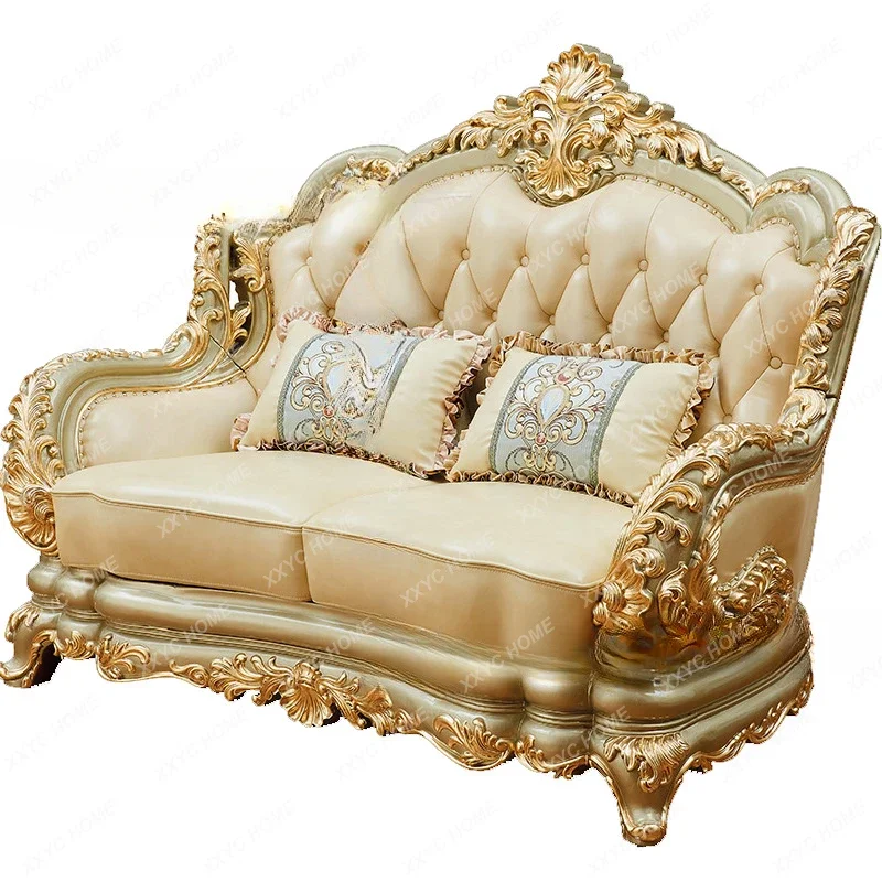 Furniture Leather Sofa Combination Living Room Double-Sided Solid Wood Carved Villa High-End Sofa home furniture