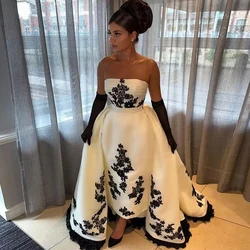 Luxury Formal Dresses for Women Black Applique Strapless Column Party Gowns Detachable Train Backless Satin Evening Dress White