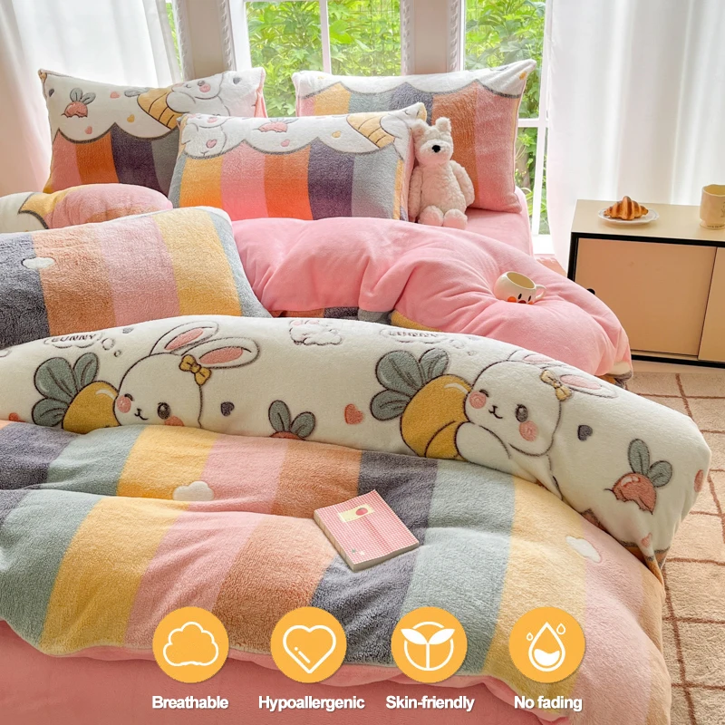 Cute Cartoon Bunny Print Flannel Duvet Cover 1 Piece – Ultra-Soft Warm Cozy Plush Bedding, for Kids & Adult Bedroom Comfort